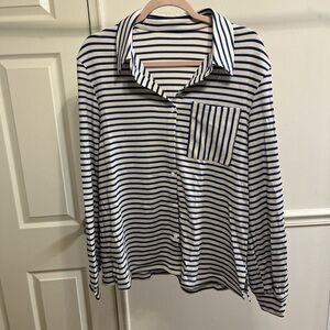 Blue White Striped Button Up Shirt Women's Medium Long Sleeve Ribbed Waffle Knit